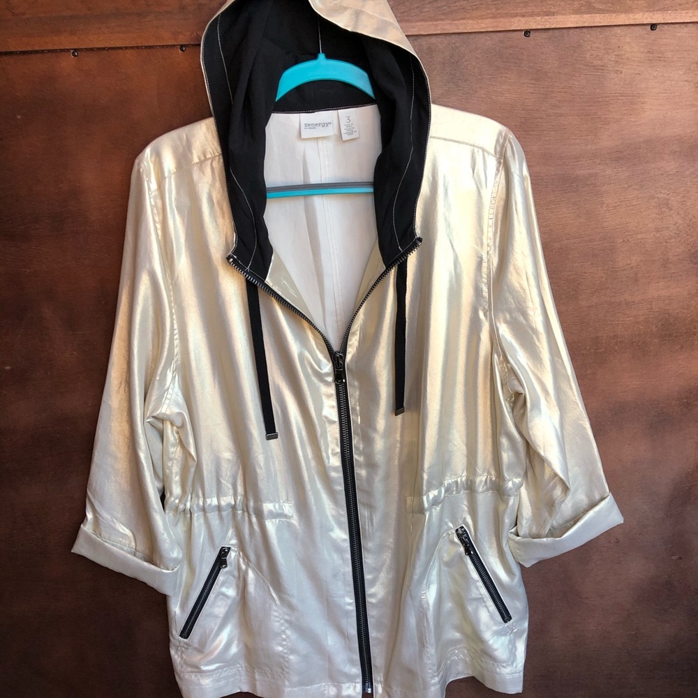 Chico’s shiny gold and black hoodie jacket